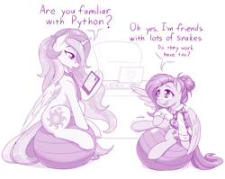 Size: 1280x1020 | Tagged: safe, artist:dstears, fluttershy (mlp), princess celestia (mlp), alicorn, equine, fictional species, mammal, pegasus, pony, feral, friendship is magic, hasbro, my little pony, 2019, alternate hairstyle, chair, clothes, comically missing the point, computer, cute, dialogue, duo, exercise ball, female, funny, hair, hair bun, innocent, job interview, mare, monochrome, necktie, office chair, open mouth, painfully innocent, pone co., profile, programming, python (language), resume, side view, sitting, sparkly mane, sparkly tail, talking, trademark, yoga ball