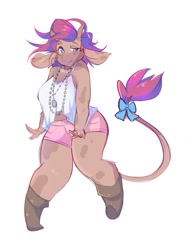 Size: 951x1280 | Tagged: safe, artist:berruchan, bovid, cattle, cow, mammal, anthro, unguligrade anthro, 2015, boots, bottomwear, bow, clothes, female, hooves, purple eyes, shoes, shorts, simple background, solo, solo female, tail, tail bow, tank top, topwear, white background