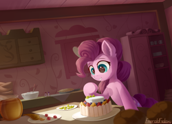 Size: 2500x1800 | Tagged: safe, artist:emeraldgalaxy, pinkie pie (mlp), earth pony, equine, fictional species, mammal, pony, feral, friendship is magic, hasbro, my little pony, 2020, cake, female, food, high res, mare, plate, smiling, solo, solo female, table