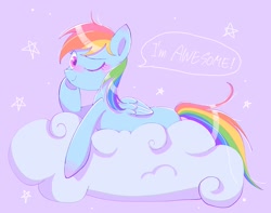 Size: 2048x1610 | Tagged: safe, artist:1drfl_world_end, rainbow dash (mlp), equine, fictional species, mammal, pegasus, pony, feral, friendship is magic, hasbro, my little pony, 2020, feathered wings, feathers, female, folded wings, on a cloud, one eye closed, smiling, solo, solo female, tail, wings, winking