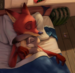 Size: 1800x1744 | Tagged: safe, artist:s1m, judy hopps (zootopia), nick wilde (zootopia), canine, fox, lagomorph, mammal, rabbit, red fox, anthro, disney, zootopia, 2020, anthro/anthro, bed, black body, black fur, blanket, boxers, chest fluff, clock, clothes, cuddling, digital art, duo, eyes closed, female, fluff, fur, gray body, gray fur, hug, indoors, interspecies, keys, long ears, male, male/female, multicolored fur, nuzzling, on bed, orange body, orange fur, panties, pillow, shipping, sleeping, snuggling, thong, top view, two toned body, two toned fur, underwear, white body, white fur, wildehopps (zootopia)