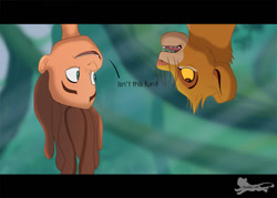 Size: 913x655 | Tagged: safe, artist:shembreopheline, simba (the lion king), tarzan (disney character), big cat, feline, human, lion, mammal, feral, disney, tarzan (disney franchise), the lion king, 2010, blurred background, brown eyes, brown hair, child, colored sclera, crossover, cub, duo, duo male, ears, fluff, front view, fur, green eyes, hair, head fluff, jungle, letterboxing, looking down, male, males only, neck fluff, outdoors, pink nose, profile, scared, sharp teeth, side view, skin, talking, tan body, tan fur, tan skin, teeth, three-quarter view, upside down, whiskers, yellow body, yellow fur, yellow sclera, young