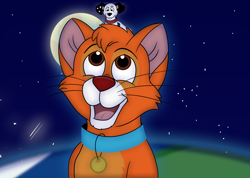 Size: 3496x2488 | Tagged: safe, artist:babclayton, oliver (oliver & company), oc, oc:clayton (babclayton), canine, cat, dalmatian, dog, feline, mammal, feral, 101 dalmatians, disney, oliver & company, 2020, black body, black fur, brown eyes, collar, crossover, digital art, duo, duo male, earth, eyebrows, floppy ears, fluff, front view, fur, head fluff, high res, macro, male, males only, moon, open mouth, orange body, orange fur, pet tag, pink body, planet, red nose, size difference, stars, tongue, whiskers, white body, white fur