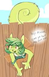Size: 1005x1562 | Tagged: safe, alternate version, artist:mcsweezys, oc, oc only, oc:melonie (mcsweezys), mammal, rodent, squirrel, anthro, buckteeth, clothes, cloud, clumsy, dialogue, ear fluff, elbow fluff, female, fence, fluff, freckles, open mouth, outdoors, overalls, shirt, signature, smiling, solo, solo female, stuck, tail, talking, teeth, topwear