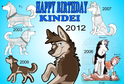 Size: 1000x679 | Tagged: safe, artist:nomad_genesis, oc, oc only, oc:kindei (nomad_genesis), alaskan malamute, canine, dog, mammal, feral, 2003, 2006, 2007, 2009, 2012, blue eyes, brown body, brown eyes, brown fur, character name, cheek fluff, chest fluff, collage, collar, digital art, fluff, fur, group, head fluff, heterochromia, male, male focus, neck fluff, paws, side view, solo focus, tail, three-quarter view, traditional art, trio