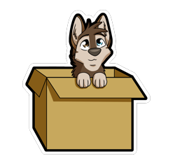 Size: 900x840 | Tagged: safe, artist:nomad_genesis, oc, oc:kindei (nomad_genesis), alaskan malamute, canine, dog, mammal, feral, 2012, blue eyes, box, brown body, brown eyes, brown fur, cheek fluff, cute, digital art, ear fluff, fluff, fur, head fluff, heterochromia, in a box, looking up, male, neck fluff, paws, puppy, simple background, smiling, solo, solo male, tan body, tan fur, transparent background, white outline, young
