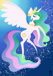 Size: 1748x2480 | Tagged: safe, artist:dawn-designs-art, princess celestia (mlp), alicorn, equine, fictional species, mammal, pony, feral, friendship is magic, hasbro, my little pony, abstract, abstract background, eyes closed, female, hooves, horn, signature, solo, solo female, sparkly mane, sparkly tail, tail, wings
