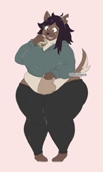 Size: 800x1327 | Tagged: safe, artist:devilishplush, part of a set, oc, oc only, hyena, mammal, anthro, plantigrade anthro, 2020, bottomwear, brown body, brown eyes, brown fur, burger, cheese, clothes, commission, dairy products, eating, fat, female, food, fur, hair, hoodie, lettuce, meat, open mouth, overweight, pants, purple hair, smiling, solo, solo female, topwear, vegetables, weight gain