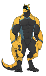 Size: 849x1397 | Tagged: safe, artist:vader-san, android, fictional species, robot, synth, anthro, digitigrade anthro, cc by-nc, creative commons, abstract background, barefoot, black body, blue eyes, hands, horns, male, muscles, nudity, open mouth, simple background, solo, solo male, transparent background, visor, yellow body