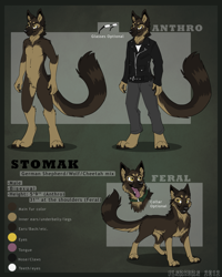 Size: 1647x2059 | Tagged: safe, artist:citrinelle, oc, oc only, oc:stomak, canine, dog, german shepherd, hybrid, mammal, wolf, anthro, digitigrade anthro, feral, 2012, abstract background, bottomwear, brown body, brown fur, character sheet, cheek fluff, claws, clothes, collar, color palette, complete nudity, digital art, duality, ear fluff, featureless crotch, fluff, front view, fur, glasses, head fluff, jacket, long tail, male, nudity, open mouth, pants, paw pads, paws, pubic fluff, reference sheet, shoulder fluff, signature, smiling, solo, solo male, tail, tan body, tan fur, three-quarter view, tongue, tongue out, topwear, yellow eyes