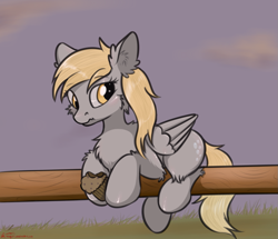 Size: 1171x1008 | Tagged: safe, artist:orang111, derpy hooves (mlp), equine, fictional species, mammal, pegasus, pony, feral, friendship is magic, hasbro, my little pony, balancing, cheek fluff, chest fluff, cute, derp, ear fluff, eating, female, fence, fluff, food, frowning, holding, hoof hold, hooves, leg fluff, log, lying down, mare, muffin, perch, perching, prone, scrunchy face, signature, solo, solo female