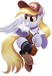 Size: 1707x2500 | Tagged: safe, artist:ncmares, derpy hooves (mlp), equine, fictional species, mammal, pegasus, pony, feral, friendship is magic, hasbro, my little pony, atg 2018, bag, boots, cap, cheek fluff, chest fluff, clothes, cute, ear fluff, envelope, female, fluff, grin, hat, holding, legwear, looking back, mailbag, mailpony, mare, messenger bag, mouth hold, newbie artist training grounds, nose wrinkle, shoes, signature, simple background, smiling, socks, solo, solo female, squee, thigh highs, underp, white background, wing fluff