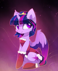 Size: 1252x1532 | Tagged: safe, artist:magnaluna, twilight sparkle (mlp), alicorn, equine, fictional species, mammal, pony, feral, friendship is magic, hasbro, my little pony, abstract background, alternate hairstyle, blue hair, blue mane, blue tail, cheek fluff, christmas, clothes, colored pupils, colored wings, colored wingtips, costume, crown, cute, cutie mark, ear fluff, eyelashes, female, fluff, hair, holiday, horn, jewelry, long tail, looking away, mane, mare, multicolored mane, multicolored tail, pink hair, pink mane, pink tail, purple hair, purple mane, purple tail, regalia, santa costume, short mane, sitting, smiling, solo, solo female, stars, tail, wing fluff, wings