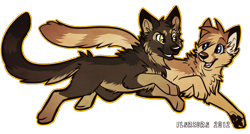 Size: 930x498 | Tagged: safe, artist:citrinelle, oc, oc only, oc:star-gazer, oc:stomak, canine, cheetah, dog, feline, german shepherd, hybrid, mammal, wolf, feral, 2012, blue eyes, brown body, brown fur, cheek fluff, chest fluff, digital art, duo, featured image, female, fluff, fur, happy, head fluff, male, neck fluff, open mouth, outline, paw pads, paws, running, side view, signature, simple background, smiling, tail, tan body, tan fur, teeth, tongue, transparent background, yellow eyes