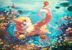 Size: 1036x726 | Tagged: safe, artist:kuranaga, buizel, fictional species, mammal, feral, nintendo, pokémon, 2020, ambiguous gender, floating, flower, lilypad, multiple tails, open mouth, rose, scenery, solo, solo ambiguous, swimming, tail, two tails
