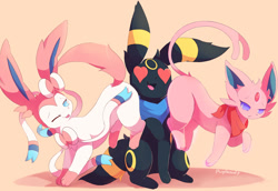 Size: 1200x827 | Tagged: suggestive, artist:purpleninfy, oc, oc:cipher (merlow), oc:nova (merlow), oc:rose (merlow), eeveelution, espeon, fictional species, mammal, sylveon, umbreon, feral, nintendo, pokémon, 2019, 2d, bedroom eyes, between butts, blep, booty sandwich, butt bump, clothes, commission, complete nudity, cute, digital art, dominant, dominant female, faceful of ass, female, group, heart, heart eyes, levitation, male, male/female, nudity, one eye closed, partial nudity, sandwiched, scarf, signature, simple background, sitting, tongue, tongue out, trio, wingding eyes, winking