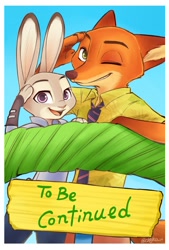 Size: 1180x1748 | Tagged: safe, artist:chigico_u, judy hopps (zootopia), nick wilde (zootopia), canine, fox, lagomorph, mammal, rabbit, red fox, anthro, disney, zootopia, 2017, clothes, digital art, duo, female, front view, long ears, looking at you, male, necktie, one eye closed, open mouth, outdoors, paws, police uniform, salute, shirt, sign, signature, smiling, teeth, three-quarter view, to be continued, tongue, topwear