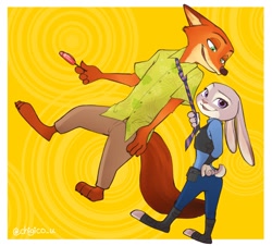 Size: 1106x1000 | Tagged: safe, artist:chigico_u, judy hopps (zootopia), nick wilde (zootopia), canine, fox, lagomorph, mammal, rabbit, red fox, anthro, plantigrade anthro, disney, zootopia, 2016, abstract background, anthro/anthro, bottomwear, brown body, brown fur, clothes, digital art, ears laid back, eyelashes, female, floppy ears, fur, gray body, gray fur, green eyes, hand hold, holding, interspecies, lollipop, long ears, looking at someone, looking at you, male, male/female, necktie, orange body, orange fur, pants, paws, police uniform, pulling, purple eyes, shipping, shirt, short tail, signature, size difference, tail, topwear, wildehopps (zootopia)