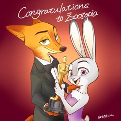 Size: 1200x1200 | Tagged: safe, artist:chigico_u, judy hopps (zootopia), nick wilde (zootopia), canine, fox, lagomorph, mammal, rabbit, red fox, anthro, disney, zootopia, 2017, academy award statuette, anthro/anthro, bow tie, brown body, brown fur, clothes, digital art, dress, duo, female, fur, gold, gradient background, gray body, gray fur, hand hold, hand on shoulder, holding, interspecies, long ears, looking at you, male, male/female, open mouth, orange body, orange fur, shipping, signature, size difference, smiling, suit, tail, tan body, tan fur, teeth, tongue, wildehopps (zootopia)