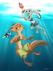 Size: 900x1200 | Tagged: safe, artist:chigico_u, dory (finding nemo), judy hopps (zootopia), marlin (finding nemo), nemo (finding nemo), nick wilde (zootopia), blue tang, canine, clownfish, fish, fox, lagomorph, mammal, rabbit, red fox, anthro, feral, disney, finding nemo, pixar, zootopia, 2d, anthro/anthro, bottomwear, brown body, brown fur, bubbles, child, clothes, crossover, digital art, father, father and child, father and son, featured image, female, fins, fish tail, floppy ears, fur, gloves (arm marking), gray body, gray fur, green eyes, group, long ears, male, male/female, necktie, nudity, on model, open mouth, orange body, orange fur, partial nudity, paws, police uniform, purple eyes, shipping, shirt, shorts, signature, size difference, skirt, smiling, son, sports bra, tail, tongue, topwear, underwater, water, wildehopps (zootopia), young