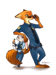 Size: 900x1200 | Tagged: safe, artist:chigico_u, judy hopps (zootopia), nick wilde (zootopia), canine, fox, lagomorph, mammal, rabbit, red fox, anthro, plantigrade anthro, disney, zootopia, 2016, 2d, anthro/anthro, belt, bottomwear, brown body, brown fur, clothes, digital art, duo, female, floppy ears, fur, glasses, gray body, gray fur, green eyes, hand hold, holding, leaning back, long ears, male, male/female, necktie, notepad, orange body, orange fur, pants, paws, pencil, pink body, police uniform, purple eyes, shipping, shirt, signature, simple background, size difference, smiling, standing, sunglasses, topwear, white background, wildehopps (zootopia)