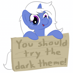 Size: 1280x1280 | Tagged: safe, artist:darkest hour, oc, oc only, oc:discord, equine, fictional species, mammal, pony, unicorn, feral, discord, friendship is magic, hasbro, my little pony, 2018, 2d, 2d animation, animated, big ears, blue body, blue eyes, blue fur, digital art, ears, english, english text, female, freckles, fur, gif, gradient eyes, gray background, gray hair, hair, holding, hoof hold, hooves, horn, looking at you, mane, mare, meta, open mouth, ponified, purple eyes, raised hoof, reaction image, sign, simple background, smiling, solo, solo female, tail, text, three-quarter view, twinkling colours, white background, white hair