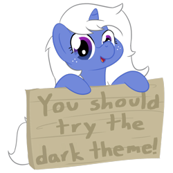 Size: 1280x1280 | Tagged: safe, alternate version, artist:darkest hour, oc, oc only, oc:discord, equine, fictional species, mammal, pony, unicorn, feral, discord, friendship is magic, hasbro, my little pony, 2018, bad advice, big ears, blue body, blue eyes, blue fur, digital art, ears, english, english text, female, freckles, fur, gradient eyes, gray background, hair, holding, hoof hold, hooves, horn, looking at you, mane, mare, meta, open mouth, ponified, purple eyes, raised hoof, reaction image, sign, simple background, smiling, solo, solo female, tail, text, three-quarter view, transparent background, transparent image, white background