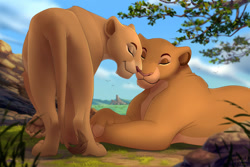 Size: 1280x855 | Tagged: safe, artist:lynxgirl, sarabi (the lion king), sarafina (the lion king), big cat, feline, lion, mammal, feral, disney, the lion king, 2020, brown hair, digital art, duo, duo female, eyebrows, eyes closed, female, female/female, finabi (the lion king), fur, grass, hair, leonine tail, lioness, lying down, nuzzling, outdoors, paw pads, paws, prone, raised leg, rear view, rock, savanna, shipping, signature, standing, tail, tan body, tan fur, tree, underpaw, yellow body, yellow fur