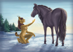 Size: 1200x851 | Tagged: safe, artist:lynxgirl, oc, oc:lynxgirl, equine, feline, horse, lynx, mammal, anthro, feral, 2011, ambiguous gender, breasts, brown body, brown fur, brown hair, cheek fluff, complete nudity, conifer tree, digital art, duo, ear tuft, featureless breasts, female, fluff, fur, glowing, gray body, gray hair, hair, hand on knee, kneeling, mane, nudity, reaching, rear view, short tail, side view, signature, snow, spotted fur, standing, tail, tan body, tan fur, tree, winter, yellow body, yellow fur