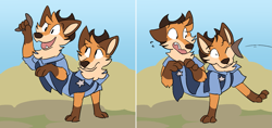 Size: 1679x790 | Tagged: safe, artist:theroguez, todd hayseed (sheriff hayseed), oc, oc:foxfox (theroguez), canine, fox, mammal, red fox, semi-anthro, sheriff hayseed, 2020, black eyes, boomerang, brown body, brown fur, cheek fluff, clothes, comic, concerned, conjoined, conjoined twins, digital art, eyebrows, fangs, fluff, fur, hat, hit, holding, male, multiple heads, neck fluff, open mouth, orange body, orange fur, paw hold, paws, police, police badge, sharp teeth, socks (leg marking), solo, solo male, surprised, tan body, tan fur, teeth, two heads