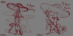Size: 1440x720 | Tagged: safe, artist:melthecannibal, oc, oc:mote (melthecannibal), animate fungus, fictional species, mushling, mycotia, semi-anthro, 2020, amanita muscaria, curled tail, digital art, duo, gray background, looking at you, monochrome, mushroom, nonbinary, signature, simple background, sketch, spotted body, tail