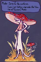 Size: 600x900 | Tagged: safe, artist:melthecannibal, oc, oc only, oc:mote (melthecannibal), animate fungus, fictional species, mushling, semi-anthro, amanita muscaria, fangs, front view, grass, hand behind head, mushroom, nonbinary, paws, pink body, red body, sharp teeth, signature, snout, spotted body, standing, tail, talking, teeth, white body