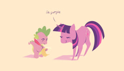 Size: 1700x976 | Tagged: safe, artist:itsdanfango, spike (mlp), twilight sparkle (mlp), dragon, equine, fictional species, mammal, pony, unicorn, western dragon, feral, semi-anthro, friendship is magic, hasbro, my little pony, 2020, dialogue, duo, duo male and female, eyes closed, female, fur, hair, male, mare, purple body, purple fur, purple hair, quill, simple background, talking, yellow background
