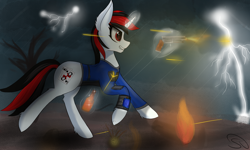 Size: 2000x1200 | Tagged: safe, artist:stravyvox, oc, oc only, oc:blackjack, equine, fictional species, mammal, pony, unicorn, feral, fallout equestria, fallout, friendship is magic, hasbro, my little pony, 2019, bottle, clothes, cloud, cloudy, fallout equestria: project horizons, fanfic, fanfic art, female, fire, glowing, glowing horn, grin, gun, handgun, hooves, horn, levitation, lightning, magic, mare, pipbuck, rain, running, shooting, smiling, solo, solo female, tail, telekinesis, tree, vault suit, wasteland, weapon