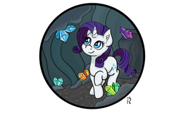 Size: 3000x1920 | Tagged: safe, artist:dawn-designs-art, rarity (mlp), equine, fictional species, mammal, pony, unicorn, feral, friendship is magic, hasbro, my little pony, blue eyes, cave, crystal, female, gem, hooves, horn, looking at something, mare, signature, solo, solo female, tail