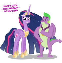 Size: 2042x2077 | Tagged: safe, artist:happyb0y95, spike (mlp), twilight sparkle (mlp), alicorn, dragon, equine, fictional species, mammal, pony, anthro, feral, friendship is magic, hasbro, my little pony, anniversary, blue hair, blue tail, celebrating, crown, cutie mark, eyelashes, eyes closed, feathered wings, feathers, female, fur, hair, hand on hip, high res, horn, jewelry, long hair, long tail, looking at you, male, multicolored hair, necklace, older, pink hair, pink tail, purple body, purple eyes, purple feathers, purple fur, purple hair, purple tail, regalia, simple background, smiling, smiling at you, standing, tail, text, thumbs up, white background, wings