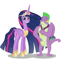 Size: 2042x2077 | Tagged: safe, artist:happyb0y95, spike (mlp), twilight sparkle (mlp), alicorn, dragon, equine, fictional species, mammal, pony, anthro, feral, friendship is magic, hasbro, my little pony, blue hair, blue tail, crown, cutie mark, eyelashes, eyes closed, feathered wings, feathers, female, fur, hair, hand on hip, high res, horn, jewelry, long hair, long tail, looking at you, male, multicolored hair, necklace, older, pink hair, pink tail, purple body, purple eyes, purple feathers, purple fur, purple hair, purple tail, regalia, simple background, smiling, smiling at you, standing, tail, thumbs up, white background, wings