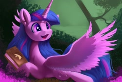 Size: 1600x1067 | Tagged: safe, artist:auroriia, twilight sparkle (mlp), alicorn, equine, fictional species, mammal, pony, feral, friendship is magic, hasbro, my little pony, book, bookworm, cute, female, horn, mare, solo, solo female, tail, tree, wings
