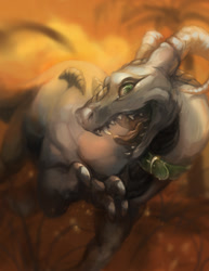 Size: 600x776 | Tagged: safe, artist:skulldog, dragon, fictional species, reptile, scaled dragon, feral, collar, solo