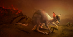 Size: 1280x663 | Tagged: safe, artist:hanmonster, oc, oc:rooth (rooth), kangaroo, mammal, marsupial, feral, ambiguous gender, macro, macropod, scenery, solo, solo ambiguous, tree
