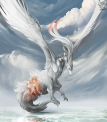 Size: 962x1102 | Tagged: safe, artist:darknessprotection, fictional species, legendary pokémon, reshiram, feral, nintendo, pokémon, ambiguous gender, sky, solo, solo ambiguous, water, white body