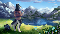 Size: 1280x720 | Tagged: safe, artist:geckozen, canine, mammal, wolf, anthro, 16:9, ambiguous gender, backpack, clothes, flower, lake, mountain, scenery, scenery porn, solo, solo ambiguous, sweater, topwear, water
