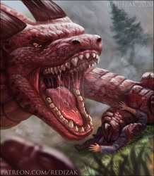 Size: 1116x1280 | Tagged: suggestive, artist:red-izak, dragon, fictional species, human, mammal, reptile, scaled dragon, feral, bust, mawshot, open mouth, saliva, scenery, sharp teeth, size difference, teeth, three-quarter view