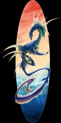 Size: 635x1280 | Tagged: safe, artist:twilightsaint, dragon, fictional species, reptile, scaled dragon, sea dragon, feral, fins, male, ocean, solo, solo male, spines, surfboard, tail, water