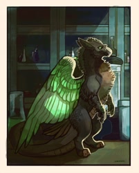 Size: 1031x1280 | Tagged: safe, artist:jagal, bird, feline, fictional species, gryphon, mammal, feral, bird feet, feathered wings, feathers, male, scenery, solo, solo male, wings