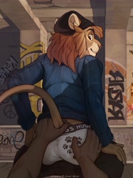 Size: 3058x4096 | Tagged: suggestive, artist:hinar miler, big cat, feline, lion, mammal, anthro, 2020, anthro/anthro, bottomwear, brown body, brown fur, brown hair, bulge, butt, clothes, digital art, duo, duo male, ears, eyebrows, fur, grabbing, graffiti, hair, hand on butt, hand on leg, hand on tail, hat, jacket, leonine tail, looking at you, looking back, looking back at you, male, male pov, male/male, males only, offscreen character, orange eyes, outdoors, pants, pov, rear view, shipping, signature, smiling, tail, tail grab, tan body, tan fur, topwear, underwear