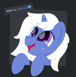 Size: 963x974 | Tagged: safe, artist:darkest hour, oc, oc only, oc:anon, oc:discord, equine, fictional species, mammal, pony, unicorn, feral, discord, friendship is magic, hasbro, my little pony, 2018, blue body, blue eyes, blue fur, border, chat, digital art, duo, english, english text, female, frame, freckles, fur, gray background, grey border, grey frame, hair, heart, hooves, horn, leaning, leaning forward, looking at something, looking up, mane, mare, meta, open mouth, ponified, purple eyes, simple background, smiling, solo, solo female, text, three-quarter view, tongue, white hair