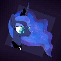 Size: 1280x1280 | Tagged: safe, artist:darkest hour, princess luna (mlp), alicorn, equine, fictional species, mammal, pony, feral, friendship is magic, hasbro, my little pony, 2018, blue body, blue eyes, blue fur, blue hair, blue pupils, border, bust, collar, colored pupils, crown, digital art, ethereal hair, eyeshadow, female, frame, frowning, fur, gradient border, gradient frame, hair, horn, jewelry, lidded eyes, majestic, makeup, mane, mare, on model, portrait, purple background, purple border, purple frame, regalia, simple background, solo, solo female, three-quarter view