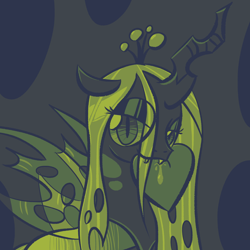 Size: 1280x1280 | Tagged: safe, artist:darkest hour, queen chrysalis (mlp), arthropod, changeling, changeling queen, equine, fictional species, feral, friendship is magic, hasbro, my little pony, 2018, abstract background, biting, bleeding, blood, crown, digital art, eye through hair, eyeshadow, fangs, female, floppy ears, gradient eyes, gray skin, green hair, hair, heart, holding, hole, horn, i think i died palette, jewelry, lidded eyes, limited palette, looking at you, makeup, mouth hold, regalia, sharp teeth, skin, slit pupils, smiling, solo, solo female, spread wings, tail, teeth, three-quarter view, wings