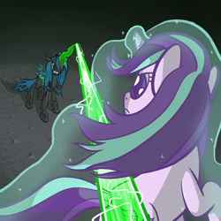 Size: 1280x1280 | Tagged: safe, artist:darkest hour, queen chrysalis (mlp), starlight glimmer (mlp), arthropod, changeling, changeling queen, equine, fictional species, mammal, pony, unicorn, feral, friendship is magic, hasbro, my little pony, 2018, blue eyes, blue hair, cutie mark, digital art, dodging, duo, duo female, fangs, female, fighting, flying, frowning, fur, glowing, glowing horn, gray skin, green eyes, gritted teeth, hair, hole, hooves, horn, laser, levitation, lidded eyes, looking at each other, magic, magic aura, magic blast, magic laser, mane, mare, outdoors, purple body, purple fur, purple hair, rock, self-levitation, sharp teeth, shooting, skin, slit pupils, spread wings, tail, teeth, telekinesis, wings